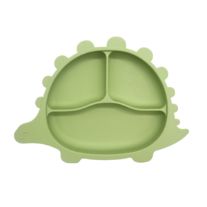 Olijfgroen silicone dinobord met zuignap, ideaal voor baby's en peuters om zelfstandig te leren eten. Met vakjes om smaken apart te houden en een deksel voor eenvoudig opbergen.