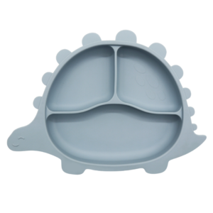 Poeder blauw silicone dinobord met zuignap, ideaal voor baby's en peuters om zelfstandig te leren eten. Met vakjes om smaken apart te houden en een deksel voor eenvoudig opbergen.