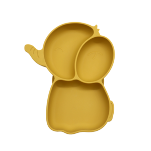 Mango-geel silicone olifantbord met zuignap, ideaal voor baby's en peuters om zelfstandig te leren eten. Met vakjes om smaken apart te houden en een deksel voor eenvoudig opbergen.