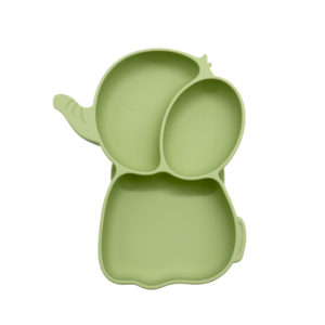 Olijfgroen silicone olifantbord met zuignap, ideaal voor baby's en peuters om zelfstandig te leren eten. Met vakjes om smaken apart te houden en een deksel voor eenvoudig opbergen.
