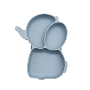 Poeder blauw silicone olifantbord met zuignap, ideaal voor baby's en peuters om zelfstandig te leren eten. Met vakjes om smaken apart te houden en een deksel voor eenvoudig opbergen.