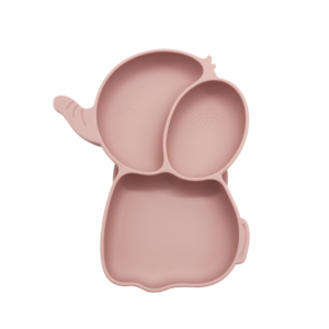 Poeder roze silicone olifantbord met zuignap, ideaal voor baby's en peuters om zelfstandig te leren eten. Met vakjes om smaken apart te houden en een deksel voor eenvoudig opbergen.