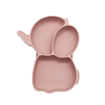 Poeder roze silicone olifantbord met zuignap, ideaal voor baby's en peuters om zelfstandig te leren eten. Met vakjes om smaken apart te houden en een deksel voor eenvoudig opbergen.
