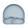 Poeder blauw silicone regenboogbord met zuignap, ideaal voor baby's en peuters om zelfstandig te leren eten. Met vakjes om smaken apart te houden en een deksel voor eenvoudig opbergen.